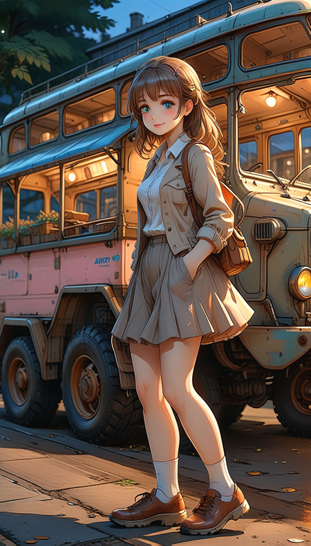 32k UHD professional anime illustration, girl near (Walking vehicle), extremely delicate detail. The scene in professional detail and perfect proportions, captures her tender affection. Focus on expressive eyes and fashionable attire. Use soft, warm lighting to create a romantic, inviting atmosphere, telling a charming, heartwarming story. Blushing emotional face. Focus on girl. Extremely detailed face. <lora:Apparatus_-_Traction_City_Walkers_Vehicles:0.8>