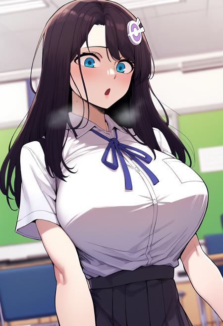 hair ornament, long hair, blue eyes, brown hair, black hair, sidelocks school uniform, blue ribbon, neck ribbon, brown jacket, white shirt, collared shirt, long sleeves, black skirt, pleated skirt school uniform, blue ribbon, neck ribbon, white shirt, collared shirt, short sleeves, black skirt, pleated skirt ponytail, white bikini, pink bow, cleavage, collarbone, bare shoulders