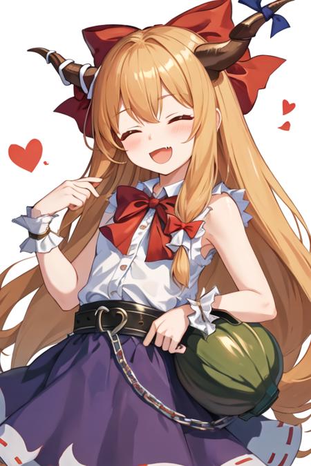 best quality, masterpiece, highres, solo, {ibuki_suika_touhou:1.15}, horns, bow, long_hair, hair_bow, ribbon, horn_ornament, sleeveless, horn_ribbon, smile, orange_hair, red_bow, chain, wrist_cuffs, bangs, open_mouth, very_long_hair, blonde_hair, 1girl, blush, closed_eyes, fang, chibi, gourd, heart, skirt, white_background