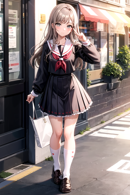 <lora:HayateD4DJ-08:0.7> ,tendohyt, 1girl, solo, long hair, looking at viewer, blush, skirt,  brown hair, shirt, long sleeves, brown eyes, closed mouth, school uniform, standing, full body, pleated skirt, frills, shoes, serafuku, socks, hand up, sailor collar, neckerchief, grey eyes, brown footwear, light brown hair, frilled skirt, white socks, loafers, red neckerchief, brown skirt, white sailor collar