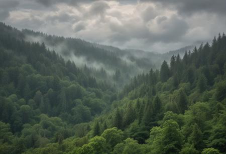 masterpiece, photorealistic, pacific northwest, rainforest, misty, hills, dense trees, cloudy sky, clouds, serene, peaceful, uninhabited