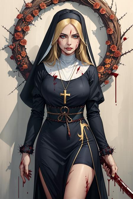 (mature woman:1.3), solo,(blonde long hair:1.1), blue eyes, A nun in a short dress, (a wreath of thorns on his head:1.2),( bloody katanas in their hands:1.1), (blood:1.4), <lora:beautifulDetailedEyes_v10:0.8>, <lora:add_detail:0.8>, ((masterpiece)), (high quality), (best quality), (detailed), hd, perfect night lighting, detailed face, detailed body,