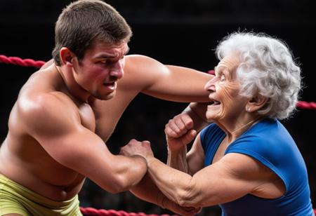 Act as a sports commentator covering an exhibition wrestling match between a youthful, energetic young man and a wily, spirited elderly woman. Provide a detailed account of the match by describing the contrasting styles of the competitors, highlighting the young man's strength and agility against the old lady's experience and cunning tactics. Capture the excitement and unpredictability of the event, emphasizing the dynamic interactions between the two wrestlers as they grapple in a friendly yet competitive manner. Include colorful commentary on the techniques used, the crowd's reactions, and the surprising turns of events throughout the match.