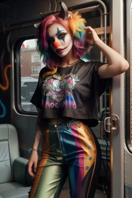 score_9, score_8_up, score_7_up,  1girl (medium full shot) of (angelic young woman:1.1) clown, green eyes, olive skin, curvy,             wearing a patched denim vest over a graphic t-shirt,black leather pants, vibrant rainbow ombre spiked messy hair, adorned with safety pins and tiny skulls, leaning back against a wall, horns pose,  lonely,heart tail duo, in  a graffiti-tagged train carriage hurtling through the urban landscape, its windows rattling with the bass of punk rock anthems blaring from tinny speakers, Inside, passengers find themselves surrounded by the chaotic energy of the punk scene, while servers with brightly colored hair and piercings deliver eclectic fare with a side of counterculture attitude, at night, Masterpiece,best quality, photorealistic, amazing quality, very aesthetic, extremely detailed face