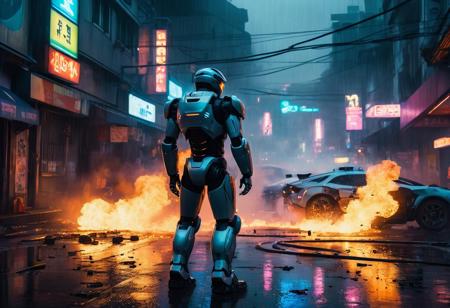 Futuristic cyberpunk scene in the year 2099 of humanoid robots rioting on streets, futuristic tech everywhere, a lone humanoid robot fighting against other robots, futuristic cyberpunk cars, chaos everywhere, robots turning cars over, fires, people running, night, raining, wet asphalt, futuristic police, fire, smoke, neon lights, cinematic