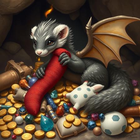 A dragon ferret hybrid, a furry dragon with ferret features, a ferret evolved into a dragon, stealing a rolled up sock, hoarding trinkets and toys mixed with treasure, grabbing red sock, grey  brown  and white colored fur, furry tail, dragon wings, little flames coming out of nose, laying on top a pile of hoarded treasure which includes gold coins gems socks and plushies, cave background