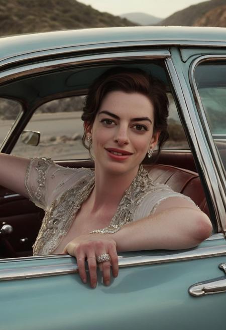 A photorealistic image of Anne Hathaway, with a serene smile on her face, gripping a jeweled dagger and plunging it into her palm. Blood trickles down her wrist, but her expression remains calm and composed. She's behind the wheel of a vintage car, driving down a scenic coastal highway with the ocean sparkling in the background. Style tags: photorealistic, 8k resolution. Additional tags: vintage car, coastal highway, serene expression, blood on hand.