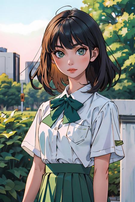 best quality, jk, 1girl, solo, looking at viewer, medium hair,  black hair,  closed mouth,  white shirt, outdoors,  lips, green skirt,  green bowtie, upper body,   <lora:jk_v2:0.6>