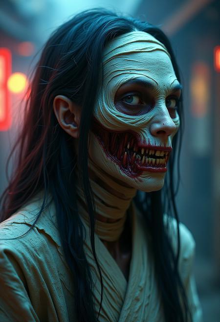Create a stunning hybrid creature of Mummy and Futakuchi-onna, with intricate details, dynamic lighting, and a cinematic atmosphere. Combine the ancient, bandaged appearance of a mummy with the eerie, long-haired, two-mouthed features of Futakuchi-onna. Utilize vibrant colors and dramatic lighting to enhance the visual impact. This image should be a captivating blend of horror and beauty, with a focus on precise anatomy and attention to detail.