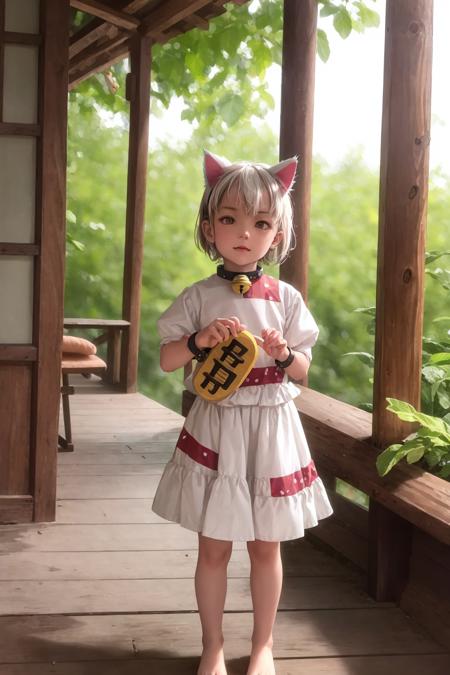 masterpiece, best quality,  <lora:GodoukujiMike:1>,maneki-neko, 1girl, animal ears, tail, calico, barefoot, cat ears, letterboxed, short hair, cat tail, bell, solo, nature, skirt, jingle bell, multicolored hair, white hair, outdoors, streaked hair, forest, short sleeves, looking at viewer, neck bell, standing, cat girl, holding, brown hair, tree, bangs, leaf, shirt, patch, orange eyes, multicolored clothes