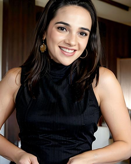 photo of tara woman, conservatively dressed,  wearing Jade sleeveless turtleneck, dynamic pose, smiling, simple tudor interior background in bokeh <lora:tara_Tara_Sharma_SD15_LoRA_prodigy_local_regs:0.9>