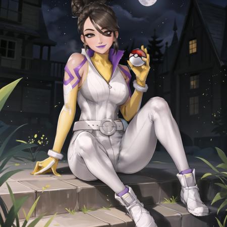 masterpiece, best quality, highly detailed, 1girl, (solo:1.5), (sierrago:1.3),
purple lips, lipstick, sitting, hair bun, hair pin, brown eyes, (holding:1.3), poke ball, poke ball (basic), holding poke ball, (bodysuit:1.4), (smile:1.3), (white pants:1.3),
(full body:1.3), (detailed face and eyes:1.4), blush, (detailed skin:1.3),
stairs, sitting on steps, night, moon, sitting, looking at viewer,
<lora:sierrago-16:0.7>, <lora:amy1.5:0.7>