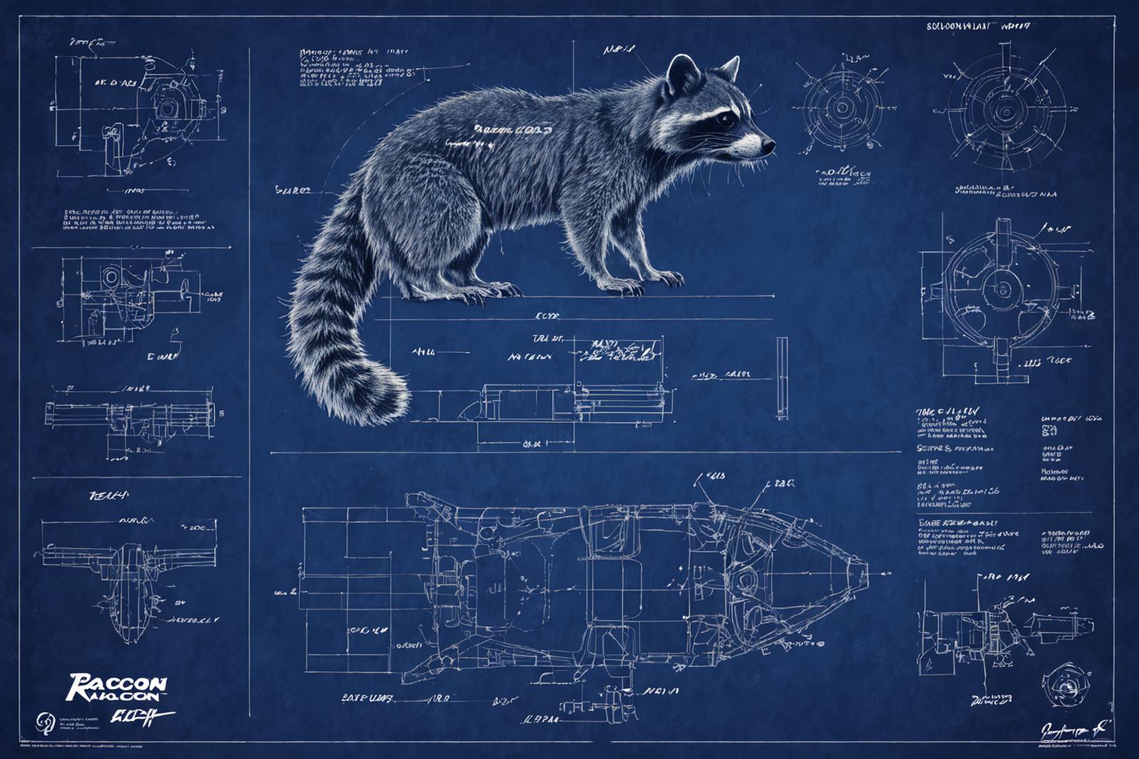 Blueprint of a Raccoon: A detailed drawing of a raccoon with a blue background.