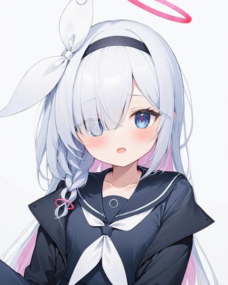 plana \(blue archive\),1girl, solo, halo, white_background, looking_at_viewer, simple_background, braid, upper_body, hair_over_one_eye, white_neckerchief, black_sailor_collar, hair_ribbon, open_mouth, black_jacket, collarbone, black_hairband, blush, black_serafuku, signature, black_shirt
<lora:plana_(blue_archive)_image5824_2023-12-03-000009:1>halo. gorgeous,key visual, vibrant, studio anime,award-winning, professional, highly detailed,high budget, cinemascope