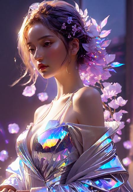 cinematic photo official art,unity 8k wallpaper,ultra detailed,aesthetic,masterpiece,best quality,photorealistic,entangle,(purple rose:1.3),tangle,entangle,(1girl:1.3),chinese woman,(full body:1.4),Glowing eyes,tears,Golden eyeshadows,ecstasy of flower,dynamic angle,(the most beautiful form of chaos:1.2),elegant,Gradient colours,(romanticism:1.1),film,professional,skin detail realistic,Shimmering Crysta,looking at viewer,profile,(holographic:1.2),<lora:holographic1_10xl-10:0.8>,(transparent raincoat:1.2),holographic,a woman in a dress with a futuristic design on it's chest and arms,holographic fabric,solo,1 girl,translucent glass,holographic structure,glowing,clear glass,dress,big breasts,cleavage,slender,(flower sea:1.4),(the petals are flying around the girl:1.5),white hair,curly hair,(long hair:1.1),(pony-tail:0.9),