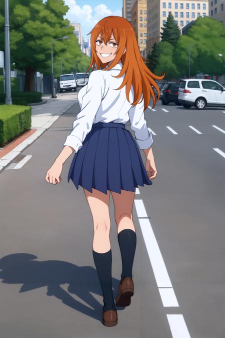 <lora:Gamo:1>
1girl, solo, skirt, smile, long hair, socks,walking, school uniform, orange hair, orange eyes, white shirt, outdoors,city,, pleated skirt, blue skirt, black socks, grin, looking at viewer, long sleeves, collared shirt, breasts, teeth, sanpaku, bangs, looking at viewer,  <lora:Afrobull:0.6>,full body, from behind, looking back, kneehighs,