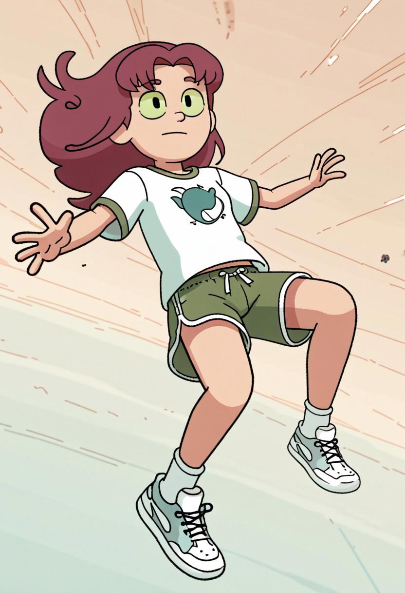 Hildstyle, score_9, Score_8, starfire, green sclera, baggy t-shirt, dolphin shorts, socks, dynamic angle, floating, floating off ground, skyscrapers in background, sneakers,