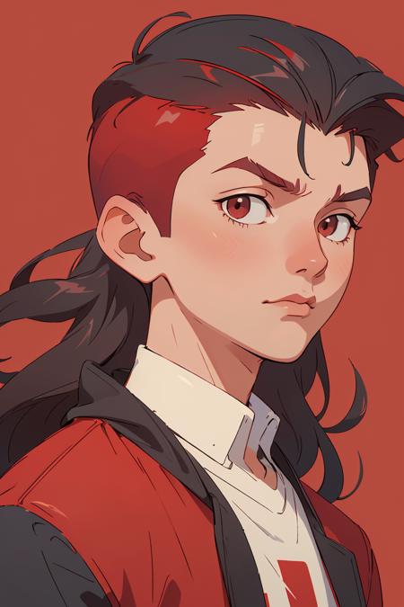 (masterpiece, best quality:1.2) high detail,official art,(1man:1.2),short hair,(Undercut With Long Hair:1.2),looking down,red simple background,portrait,red theme,