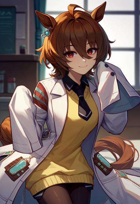 agnes tachyon, horse ears, horse tail labcoat, sleeves past fingers, yellow sweater, black necktie, pantyhose, single earring