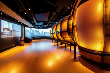 museum,Exhibition hall room,Beer theme,Beer barrel element,Futuristic,Technology,Beer,Huge screen,Many glowing glass showcases,Steam punk ceiling,Wooden floor <lora:20:1>