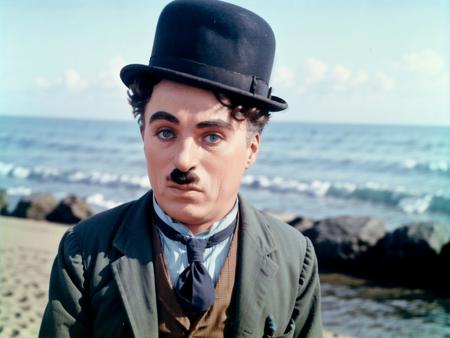 <lyco:Charlie Chaplin_v1.0:1> Charlie Chaplin, posing at the beach, sharp, bokeh, candid shot, realistic, film grain, colorized, vivid colors, side view