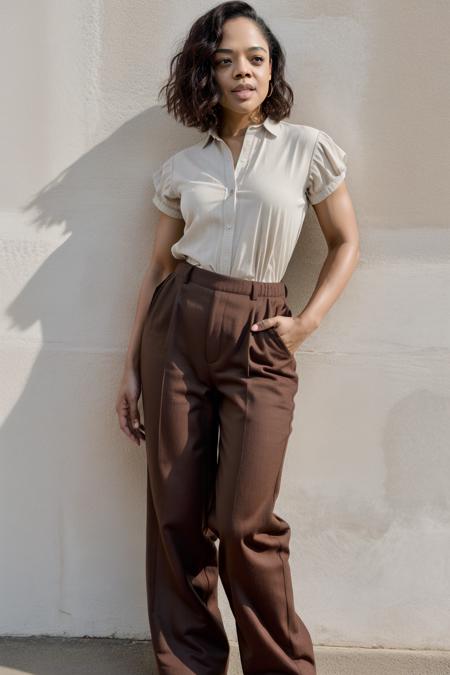 <lora:tessa-01:1> tessa thompson, upper body, shirt, pants
