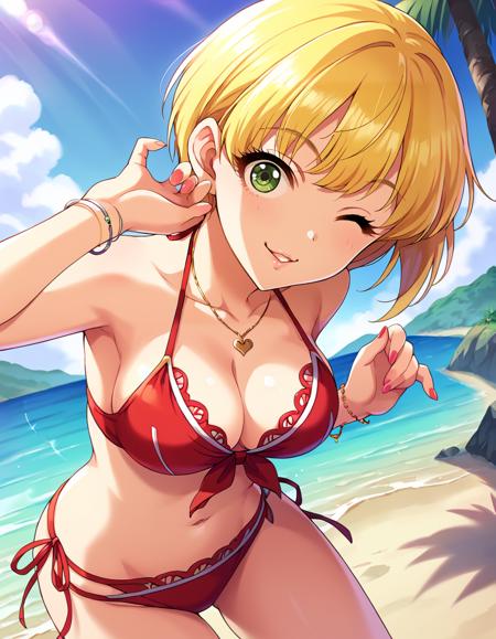 mymtfrdrc, mymtfrdrc,short hair, blonde hair, bangs, green eyes, eyelashes, medium breasts, score_9, score_8_up, score_7_up, source_anime,