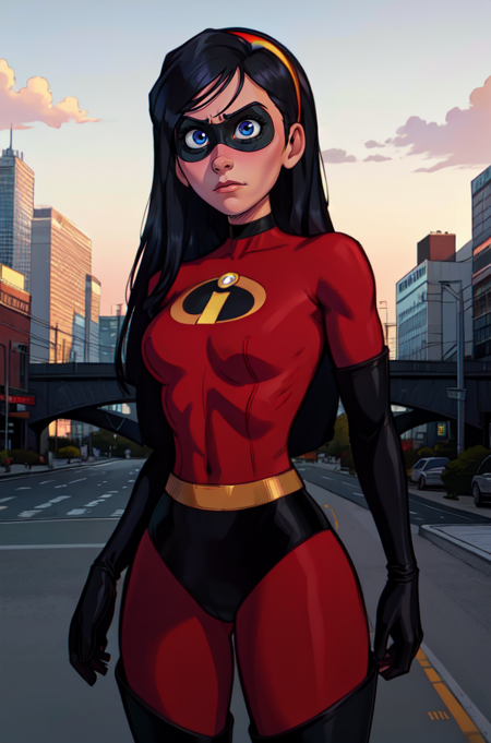 vilett,black hair,blue eyes,domino mask, long hair, 
hairband,red bodysuit, elbow gloves,   underwear, 
upper body, standing,  cowboy shot,   serious, 
outdoors,  city, 
(insanely detailed, beautiful detailed face,beautiful detailed eyes, masterpiece, best quality),solo, <lora:VioletSui:0.8>