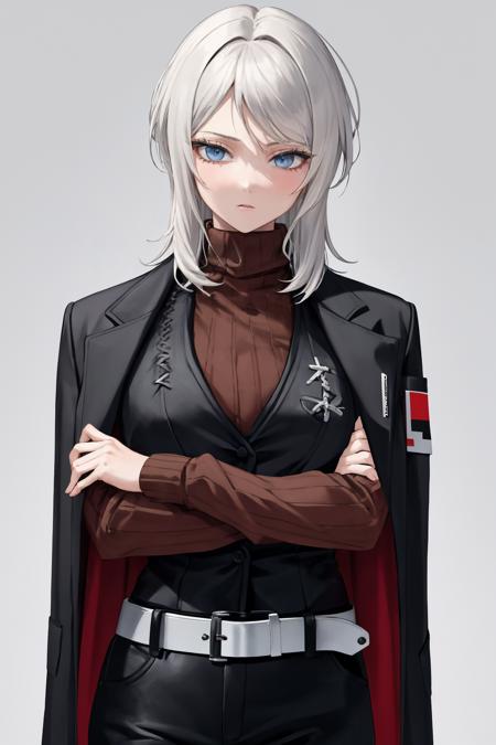 masterpiece, best quality, 1girl, solo, <lora:faust-lc-richy-v1:1> faust, black jacket, jacket on shoulders, turtleneck sweater, long sleeves, vest, belt, black pants, hip focus, crossed arms, ribbed sweater,