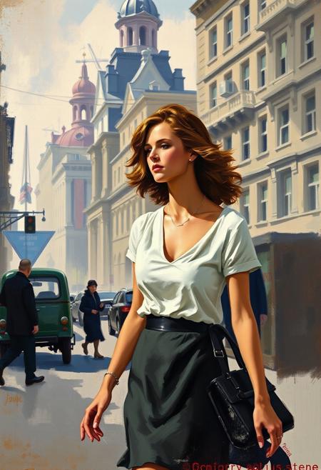 A Soviet impressionist painting features a graceful and elegant woman walking through a city, captured in strong, hard light with direct, harsh shadows. Soft brushstrokes create a dynamic composition within a muted color palette, emphasizing social realism and romanticized industry.