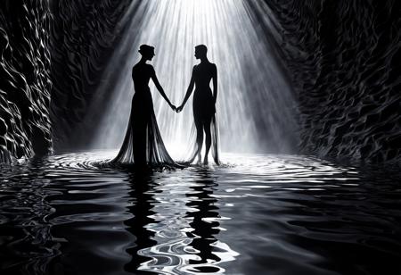 Silhouetted human figure inspired by Thomas Edison in the style of Merrit Malloy, surreal and serene atmosphere with flowing water, detailed silhouette in high resolution, artistic and dreamlike with flowing fabric and misty aura, tranquil and ethereal lighting, black and white with detailed reflection.,
[(inspired by Valentin Rekunenko, Dora Maar:1.30) ::0.40], (3D Shadow Silhouettes Inspired by Valentin Rekunenko and Dora Maar), [surreal artistry: abstract realism: 0.70], [intriguing poses: shadow play: 0.60], combining the influences of Valentin Rekunenko and Dora Maar in a 3D shadow silhouette concept