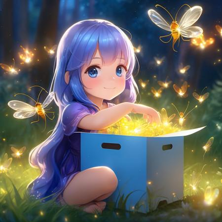 shs style,(((masterpiece))),(((best quality))),(((extremely detailed))),illustration,
little 1girl,solo,mysterious,vivid color,shiny,  (azure color hair),(shining white eyes), full body, barefoot,long wavy hair, tranquil nature, 
(fireflies bokeh:1.4), Dome,close up, Dynamic actions,(((Box composition))),sit cross-legged and lean against the , volumetric lighting, detailed eyes, hyper detailed,  highly detailed, small details, ultra detailed, best quality, intricate, 4k, 8k, trending on artstation, good anatomy, beautiful lighting, award-winning, (smirk face:1.4)