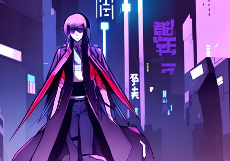 Kanji, realistic cyberpunk hacker woman, wearing a cyberpunk trenchcoat, cyberpunk architecture mega city, KANv3