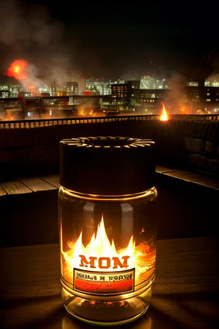 <lora:CharlesBronson>, RAW photo of a Mandom_jar, at midnight, darkness, burning city slum in background, 1970s