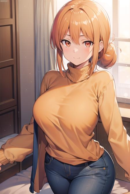 yuigahamama, <lora:yuigahamama-lora-nochekaiser:1>,
yuigahamama, hair bun, mature female, (orange eyes:1.5), orange hair, short hair, single hair bun, hair between eyes, sidelocks, smile,
BREAK denim, jeans, pants, sweater, turtleneck, turtleneck sweater, white sweater,
BREAK indoors, bed,
BREAK looking at viewer, (cowboy shot:1.5),
BREAK <lyco:GoodHands-beta2:1>, (masterpiece:1.2), best quality, high resolution, unity 8k wallpaper, (illustration:0.8), (beautiful detailed eyes:1.6), extremely detailed face, perfect lighting, extremely detailed CG, (perfect hands, perfect anatomy),