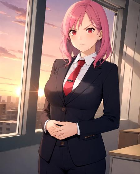 cowboy shot, pink hair, medium hair, red eyes, serious, breasts, black suit, formal suit, red necktie, office, window, sunset, <lora:Cuzukago-10:0.5>