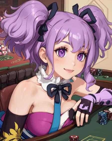 ceefore,  purple hair,  twintails,  purple eyes,  
fingerless gloves, wings , pink kimono, black pantyhose,  hair ribbon, elbow gloves, bare shoulders, 
upper body,  
smile,
casino, 
(insanely detailed, beautiful detailed face, masterpiece, beautiful detailed eyes, best quality),
 <lora:ceefore:0.7>