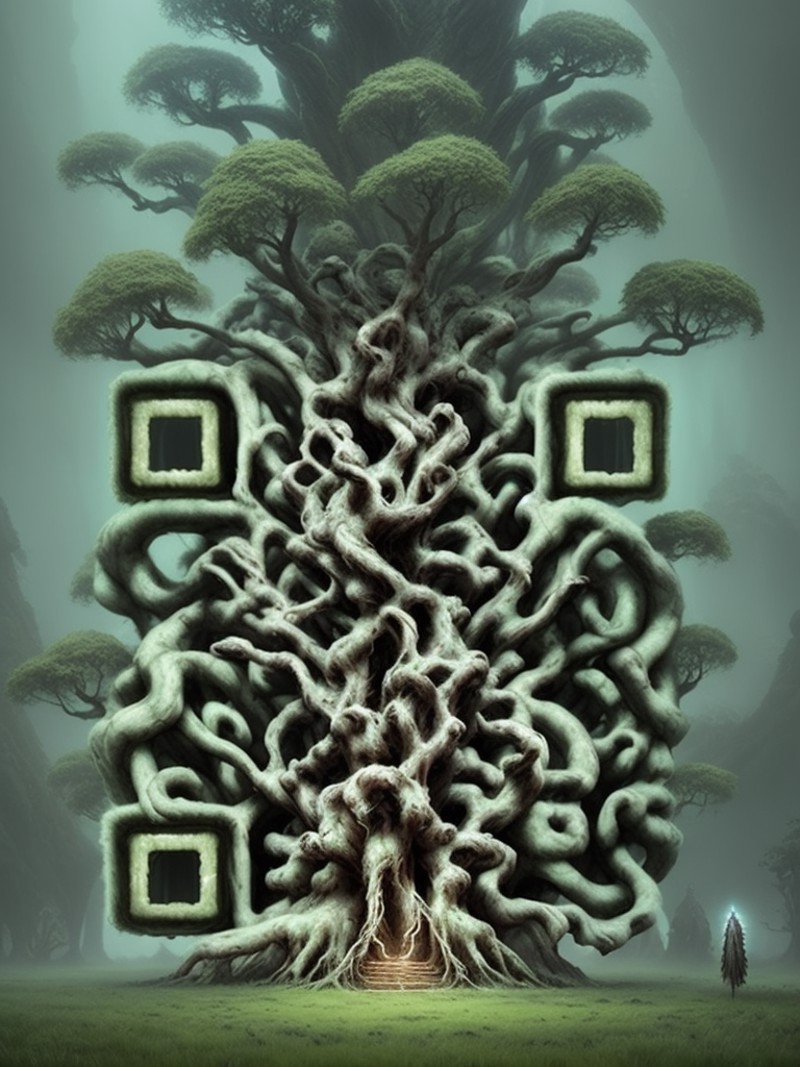 a centered render of an ancient tree covered in bio - organic micro organisms growing in a mystical setting, cinematic, be...