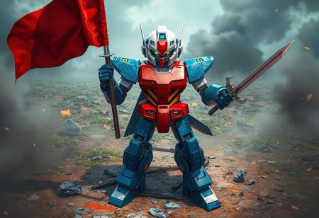 A Cyber Magician robot, predominantly red and blue, stands proudly on a Chaos Field, holding a flag and sword. The image features a detailed, high-resolution, 4K view of the robot's full body in an isometric dynamic action pose. The Cyber Magician robot's head is white with a red visor, its body is painted in a vibrant shade of red with a yellow and black striped pattern, and its arms and legs are blue. The robot's position and the relative positions of the flag and sword in its hands suggest a readiness for adventure. The image contains harmonious colors, stunning matte painting, and captivating lighting, showcasing the robot's intricate details, sharp lines, and brush strokes. This image is trending on Artstation and is an example of a golden ratio in contemporary aesthetics, with vivid emotions, a powerful message, and beautiful detailed eyes.