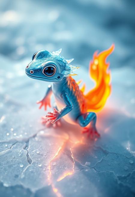 An adorable, hyper-stylistic ice salamander stands on a sheet of cracked ice, its body a mesmerizing fusion of frosty blue ice and vibrant, flaming color. The salamander's body is rendered in exquisite detail, with delicate, crystalline structures that seem to shimmer and glow in the light. Its tail, a vibrant, blazing flame that seems to pulse with an inner fire, adds a touch of dramatic contrast to the scene. The cracked ice beneath the salamander's feet glows with a soft, ethereal blue light, as if the very essence of the frozen landscape has been distilled into this tiny, shimmering pool. Every detail of the scene is meticulously rendered, from the delicate, frosty patterns on the salamander's body to the tiny, glowing cracks in the ice. The overall effect is one of breathtaking, wintry wonder, as if this tiny, adorable creature has brought a spark of life to the frozen landscape. highest-Quality, intricate details, visually stunning, Masterpiece