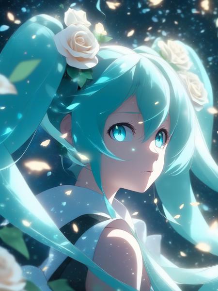 face focus, masterpiece, best quality, 1girl, hatsune miku, white roses, petals, night background, fireflies, light particle, solo, aqua hair with twin tails, aqua eyes, standing, pixiv, depth of field, cinematic composition, best lighting, looking up