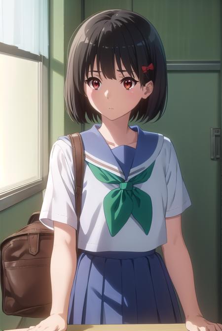 kanadehisaishi, <lora:kanade hisaishi movie-lora-nochekaiser:1>,
kanade hisaishi, short hair, bangs, black hair, (red eyes:1.3), bow, hair bow, red bow,
BREAK skirt, shirt, school uniform, white shirt, short sleeves, pleated skirt, serafuku, sailor collar, blue skirt, neckerchief, blue sailor collar, school bag, (green neckerchief:1.2), kitauji high school uniform,
BREAK indoors, classroom,
BREAK looking at viewer, (cowboy shot:1.5),
BREAK <lyco:GoodHands-beta2:1>, (masterpiece:1.2), best quality, high resolution, unity 8k wallpaper, (illustration:0.8), (beautiful detailed eyes:1.6), extremely detailed face, perfect lighting, extremely detailed CG, (perfect hands, perfect anatomy),