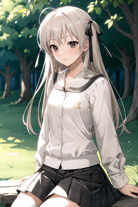 best quality, ultra-detailed, an extremely delicate and beautiful, high resolution, extremely detailed CG, masterpiece,
cowboy shot,
(shy face:1.2),,
BREAK,
yosuga, kasugano sora, 1girl, solo, long hair, straight hair,white hair ribbon,brown eyes, white hair,black eyes,
school uniform,serafuku, ,plaid skirt,thighhighs,
outdoor,
<lora:yosuga_V1_3-000018:0.8>,
sitting,