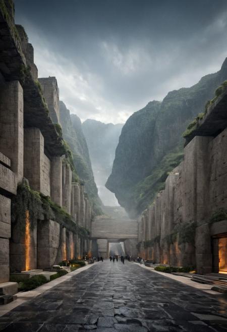 (POV view , DOF, first people view from the entrance, low angle shot:1.4), in haevy rain,
(Ancient civilization, Alien Prometheus movie scene, dune movie scene:1.5), (The colonial city of the future, in the mist-filled Grand Canyon, on an unknown Earth-like planet, 2 moon on sky, Spaceship flight connects colonies, waterfulls:1.3), (Machu Picchu, a mountain settlement, incredibly spectacular:1.2), (Mario Botta:1.3), (avant-garde, future, reality, science fiction, photorealistic), (modern architecture:1.2), White limestone and black granite, fountain, waterfall, landmark, square, path, narrow street,
(Large Files, Ultra Realistic, 8K, 16k, FHD, HD, VFX, Perfect, Photography, composition, Architecture Sales Photography, Architecture Competition, Ultra High Resolution, Cinematography, High Resolution Image:1.1), (dramatic lighting, direct sunlight, ray tracing, clear shadow:1.2),  (real landscape:1.1), (blurred background:1.0), (urban background, more_details) ,
extremely detailed, hillscastel, great lighting, MInimalist Style House