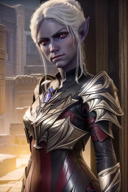 minthara baenre, (red eyes:1.3), white hair, pointy ears, colored skin, elf, grey skin, purple skin, armor, shoulder armor, breastplate,