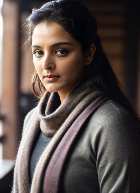 portrait of skswoman, sad , wearing cashmere , with Long layers , background pagoda epic (photo, studio lighting, hard light, sony a7, 50 mm, matte skin, pores, colors, hyperdetailed, hyperrealistic), <lyco:Manju Warrier:1.0>