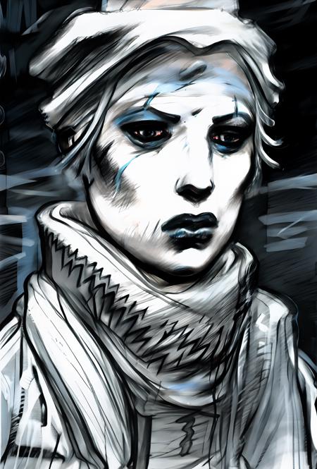 ditry charcoal drawing,portrait of a sad ice woman in the street<lora:vor_enki.v3.lora:1>, very white and blue