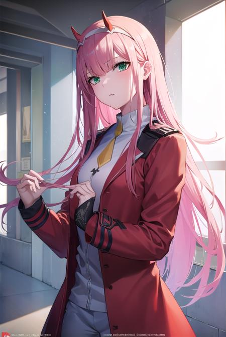 zerotwo, <lyco:zerotwo-lyco-nochekaiser:1>,
zero two, (green eyes:1.5), hairband, horns, long hair, pink hair, red horns, white hairband,
BREAK jacket, leggings, red jacket, white footwear,
BREAK indoors, classroom,
BREAK looking at viewer, (cowboy shot:1.5),
BREAK <lyco:GoodHands-beta2:1>, (masterpiece:1.2), best quality, high resolution, unity 8k wallpaper, (illustration:0.8), (beautiful detailed eyes:1.6), extremely detailed face, perfect lighting, extremely detailed CG, (perfect hands, perfect anatomy),