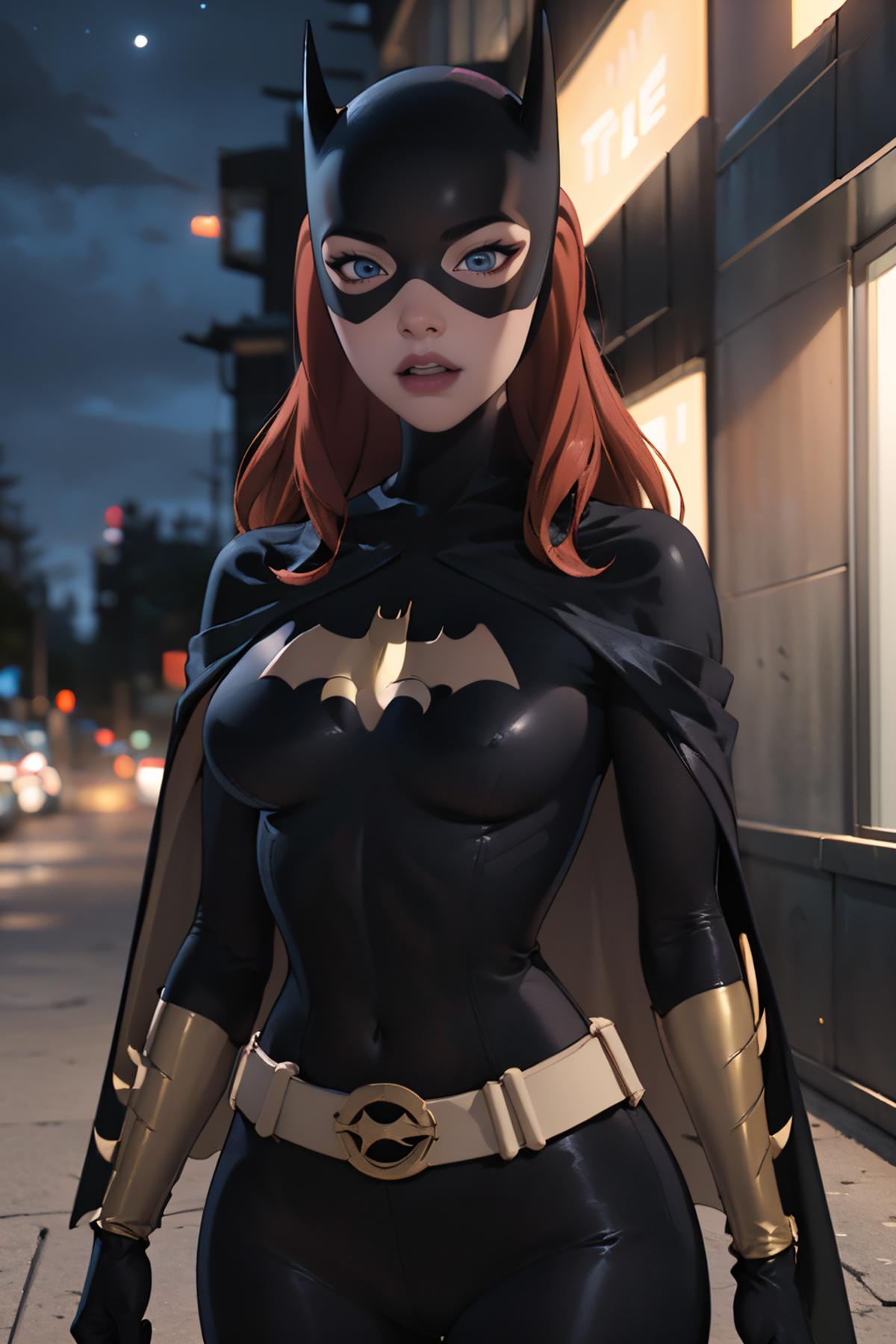 A computer-generated image of a woman in a black and gold Batgirl costume.