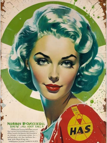 <lora:04Vintageillustration_Hap_XL:3.3>,Norman Rockwell style poster of a beautiful woman with radioactive shampoo, text "shiny hair", falloutpostsdxl, 1960s \(style\), distressed poster